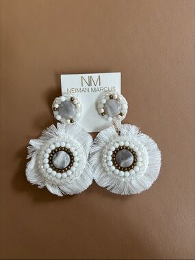 Neiman Marcus White Fringe Beaded Drop Earrings with Gold Accents